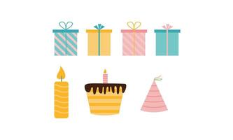 Happy Birthday elements set. Flat colorful objects. Flat colorful bright objects for background, greeting card, banner, typography, poster, postcard design vector