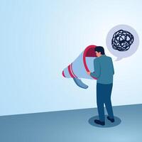 A man looks into a megaphone and is confused. Illustration for misunderstandings, communication problems and differences in understanding. vector