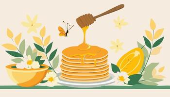 illustration of a stack of pancakes with honey, lemon and leaves vector