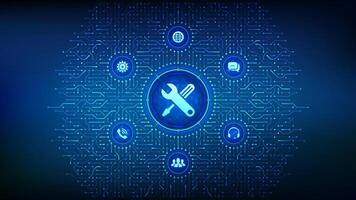 Technical support. Customer help. Online tech support. Customer service, Business and technology concept. Background with circuit board connections and tech icons. vector