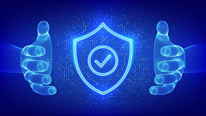 Security shield. Cyber security. Protection shield with Check mark icon in wireframe hands. Cyber data protection. Information privacy idea. Circuit board pattern. PCB printed circuit texture.