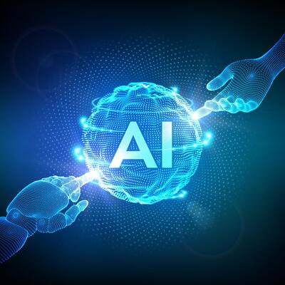 AI. Artificial Intelligence. Hands of Robot and Human touching sphere grid wave with binary code. Artificial Intelligence and Machine Learning technology concept. Neural networks.