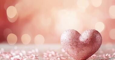 Pink glittering shiny heart on wooden table with confetti on defocused festive bokeh background with copy space. Abstract Valentines Card. Valentines day and love concept. video