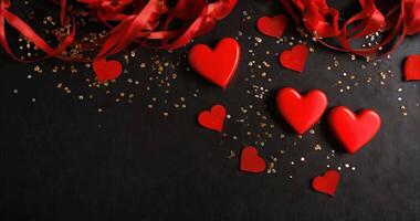 Red hearts on a black background with ribbon for Happy Valentine's Day top view with copy space for text. Hearts frame abstract background on black texture. Hearts Love pattern video