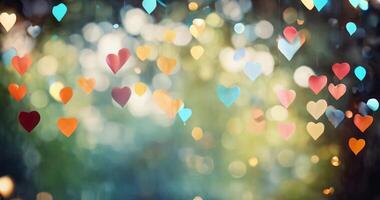 Multicolor colorful heart hanging above wooden table on defocused festive bokeh background with copy space. Abstract Valentines Card. Valentines day and love concept. video