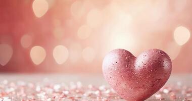 glittering shiny heart on wooden table with confetti on defocused festive bokeh background with copy space. Abstract Valentines Card. Valentines day and love concept. video