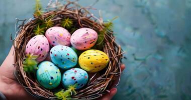 Top view Close up of Little cute child hands holding a basket with Easter eggs indoors. Happy Easter concept. video