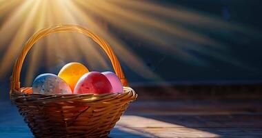 Close up of basket of painted colorful easter eggs at sunny rays background. Greeting card, holiday celebration and happy Easter concept. Festive background video