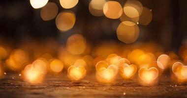 Golden glittering shiny hearts on defocused festive bokeh background with copy space. Abstract Valentines Card. Valentines day and love concept. video