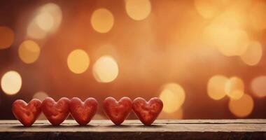 Red hearts on wooden table on defocused festive bokeh golden background with copy space. Abstract Valentines Card. Valentines day and love concept. Mockup. video