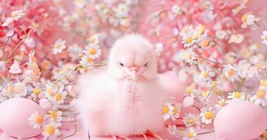 Easter eggs with branch of chamomile flowers and chicken on pink background video