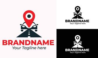 Car and Road with Location Pin Logo Design Template for Ride-Hailing, Navigation, and Transportation Services vector