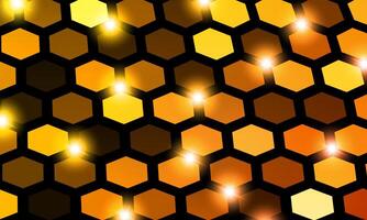 Geometric hexagon pattern bright light. gold polygon grid shiny background. vector