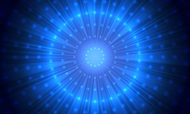 Blue sunburst pattern background. Radial rays bright shine. dots neon light.