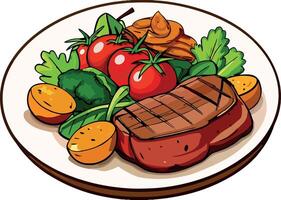 Grilled steak with vegetables, potatoes, and sauce on white plate vector