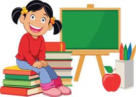 Smiling pupil sitting on books with blackboard and crayons vector