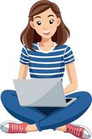 Young woman working remotely using laptop, sitting on the floor with legs crossed, smiling and looking forward vector