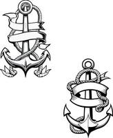 Two anchors are wrapped with rope and ribbon banner, creating a nautical design vector