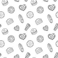 Sweets doodle Seamless pattern with chocolate, candies, eclairs, donuts, macarons. patterns endless. Black line sample pattern for wallpaper, fabric, packaging, background. vector