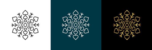 Snowflake heart circular pattern. Color black, white, gold. Isolated design element for abstract geometrical modern decoration round logo template. vector