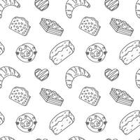 Sweets doodle Seamless pattern with bun, cake, croissant, chocolate heart, bread. patterns endless. Black line sample pattern for wallpaper, fabric, packaging, background. vector