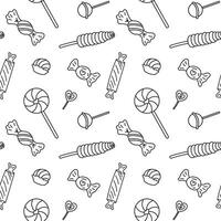 Sweets different candies doodle Seamless pattern with caramel on stick, wrapped candies, lollipop. patterns endless. Black line sample pattern for wallpaper, fabric, packaging, background. vector