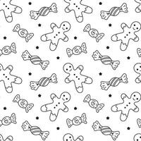 Sweets different wrapped candies and Gingerbread man doodle Seamless pattern. patterns endless. Black line sample pattern for wallpaper, fabric, packaging, background. vector
