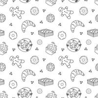 Sweets doodle Seamless pattern with bun, croissant, chocolate cake, doughnut, donut, gingerbread man, cupcake. patterns endless. Black line sample pattern for fabric, packaging, background. vector