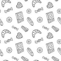 Sweets doodle Seamless pattern with chocolate, candies, eclairs, croissant, chocolate bar, heart, cake. patterns endless. Black line sample pattern for wallpaper, fabric, packaging, background. vector