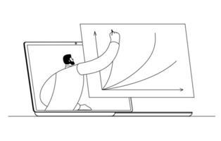 Open laptop with lecturer on screen. vector