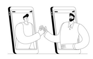 Two characters shaking hands online. vector