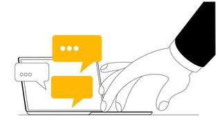 The hand enters a banner into the computer from the keyboard and receives a response. vector