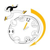 Man trying to catch up with time. Clock with daily routine. vector