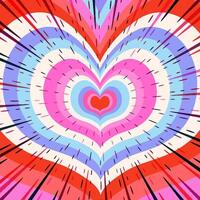Concentric Colorful Heart Tunnel for Valentine's Day with Comic Book Speed Lines. Love retro heart tunnel in groovy style. Trendy girly abstract love design. Colorful romantic background vector