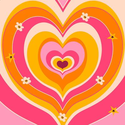 Retro Concentric Heart Tunnel in Groovy Style. Love stripes for Valentine's day. Trendy girly abstract love design. Colorful romantic background