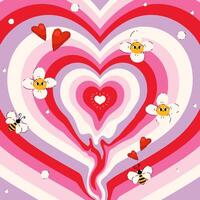 Melted Concentric Heart Tunnel for Valentine's day with Flowers and Bees. Love retro heart tunnel in groovy style. Trendy girly abstract love design. Colorful romantic background vector