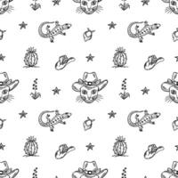 Sheriff cat in a cowboy hat, cactus and lizard seamless pattern. Hand drawn black outline western core illustration. vector