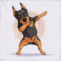 Hand drawn standing dog breed brown Doberman dabbing, adorable domestic animal pet doing dab move vector