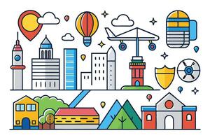 Whimsical city icons, including famous structures, vehicles, and natural elements, great for representing urban environments in a creative way vector