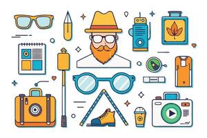 Hipster lifestyle icons and elements collection showcasing colorful accessories, mustaches, cool cameras, and playful designs ideal for modern graphics vector