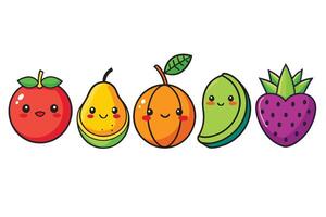 Adorable fruit characters with happy faces, including apple, pear, peach, melon, and strawberry, designed in a playful and cute cartoon style vector