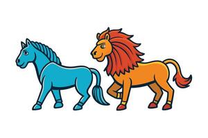 Whimsical horse and lion duo, featuring unique blue and orange tones in a charming 3D and engraving style design vector