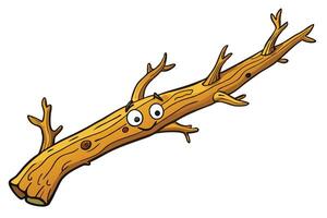 A whimsical cartoon illustration of a funny and happy dry tree branch with expressive eyes and smiling face against a plain white background vector