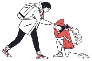 Line art of two individuals interacting, one offering support to a distressed person, highlighting compassion and understanding vector