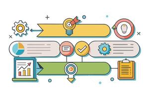 Creative infographic illustrating a business workflow with arrows, graphs, gears, and icons representing process, strategy, and analytics vector