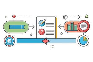 Modern infographic design with flowchart elements, including gears, arrows, checkmarks, and colorful charts for business processes vector