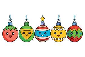 Collection of cute Christmas ornaments in a variety of colors and fun designs, featuring happy faces and festive patterns, ideal for seasonal decorations vector