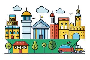 Cute and colorful illustration of a city with buildings, cars, trees, and landmarks, designed for use in creative and fun urban themed projects vector