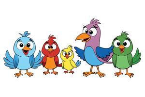 Fun and friendly cartoon birds with vibrant colors including blue, red, yellow, and green, perfect for adding a cheerful and lively touch to any project vector