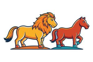 Cartoon style 3D horse and lion statues in contrasting colors, depicting a friendly interaction, perfect for animations or stories vector